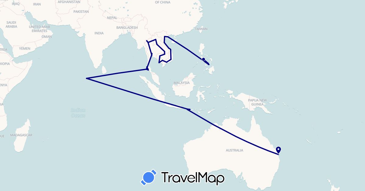 TravelMap itinerary: driving in Australia, Indonesia, Cambodia, Laos, Maldives, Philippines, Thailand, Vietnam (Asia, Oceania)